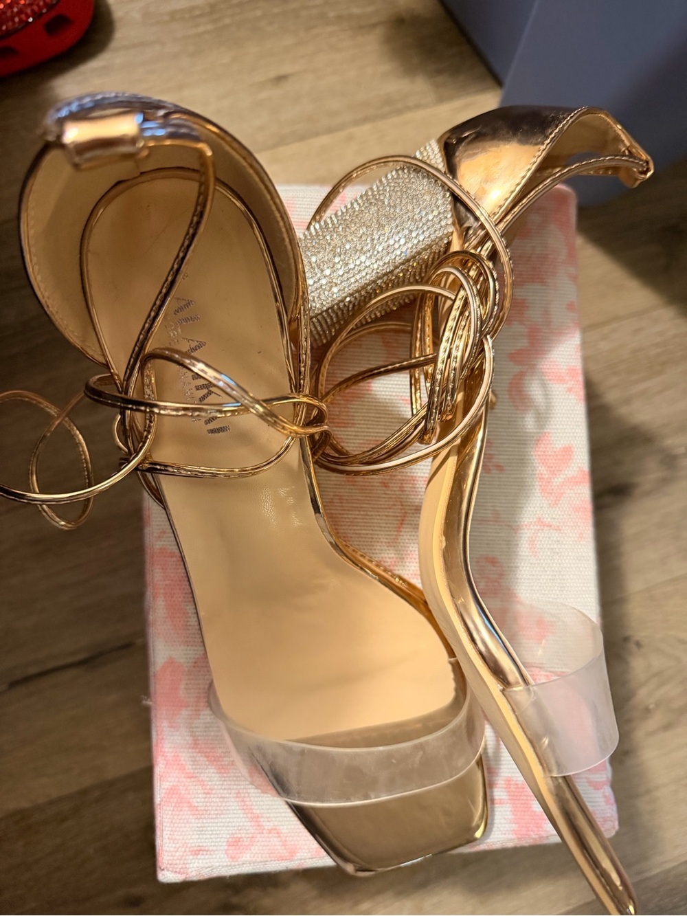 Gold Strappy High Heel Sandals with Clear Toe Strap